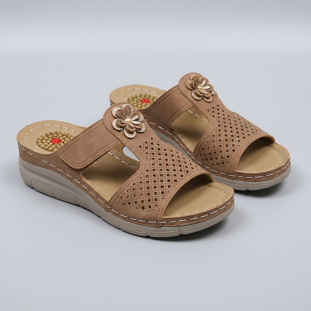 Orthopedic Wedge Slide Sandals with Floral Embellishment and Cushioned Support
