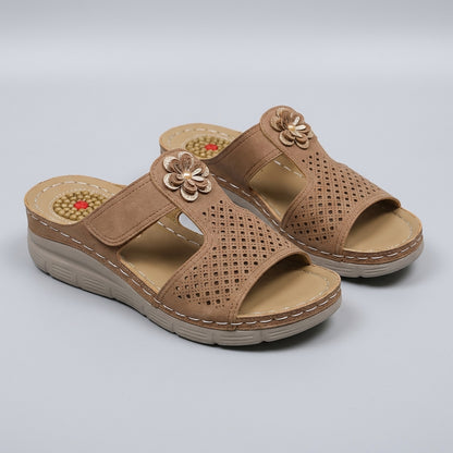 Orthopedic Wedge Slide Sandals with Floral Embellishment and Cushioned Support