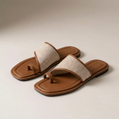Asymmetrical Woven Toe-Loop Slide Sandals with Cushioned Footbed