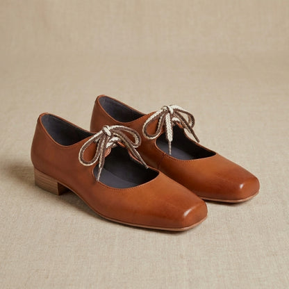 Square-Toe Ballerinas with Braided Lace-Up and Low Block Heel