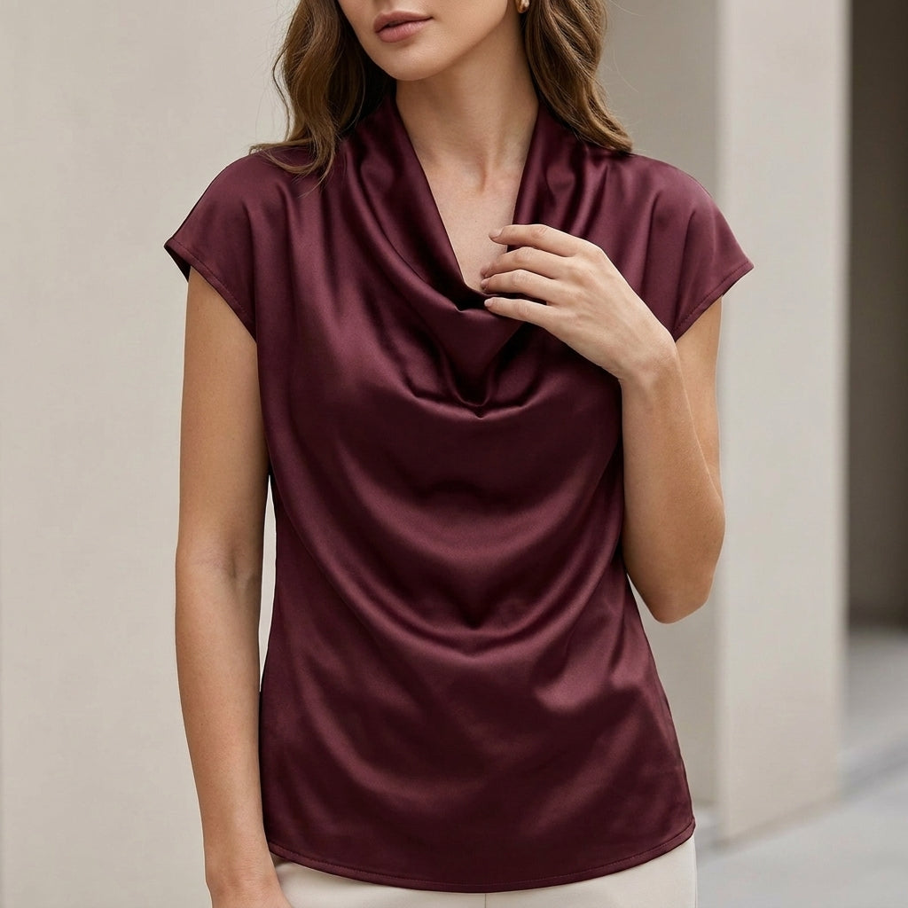 Relaxed Fit Cowl Neck Blouse with Draped Waterfall Silhouette