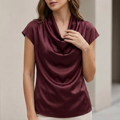 Relaxed Fit Cowl Neck Blouse with Draped Waterfall Silhouette