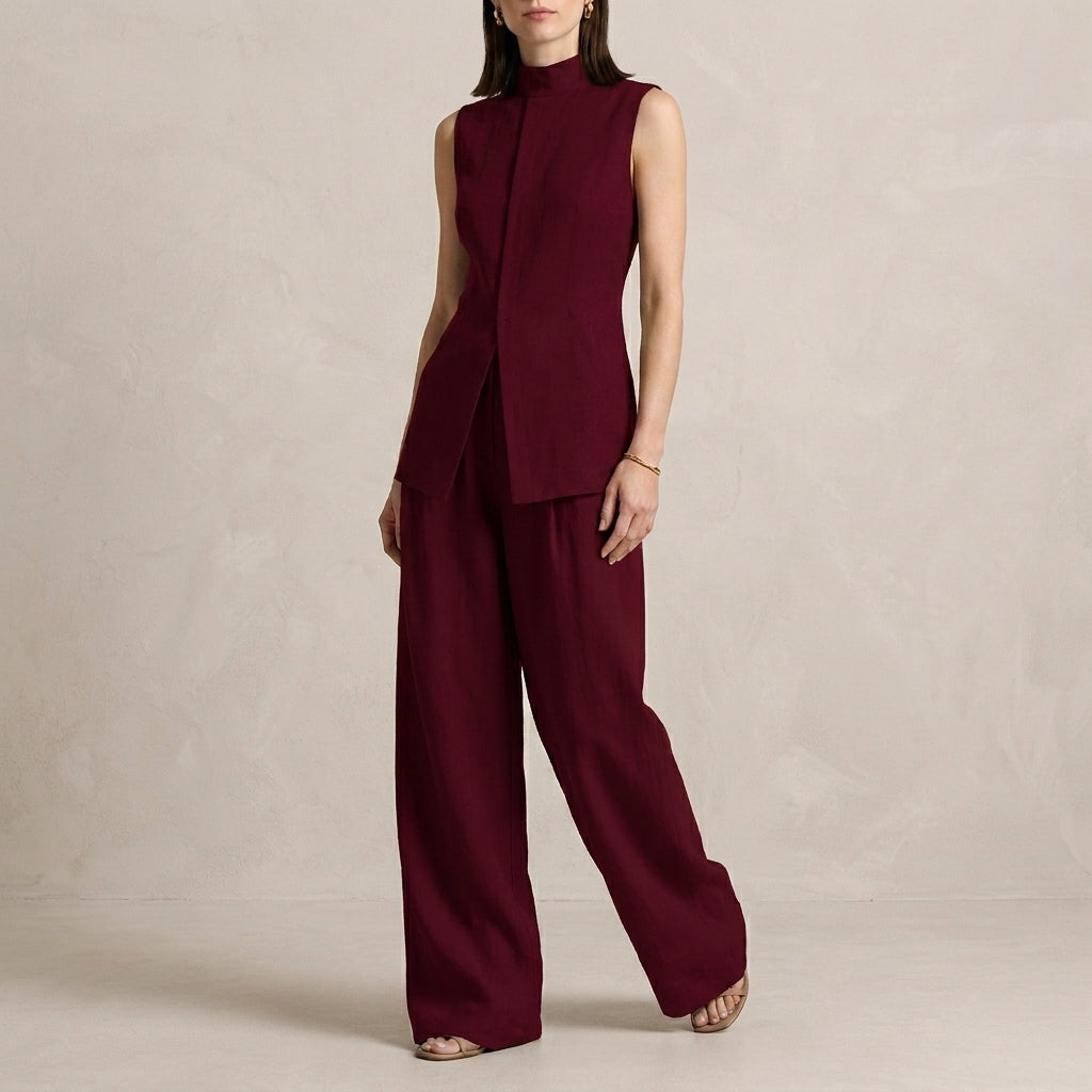 Sophisticated Sleeveless High-Neck Two-Piece Set with Flowing Wide-Leg Trousers