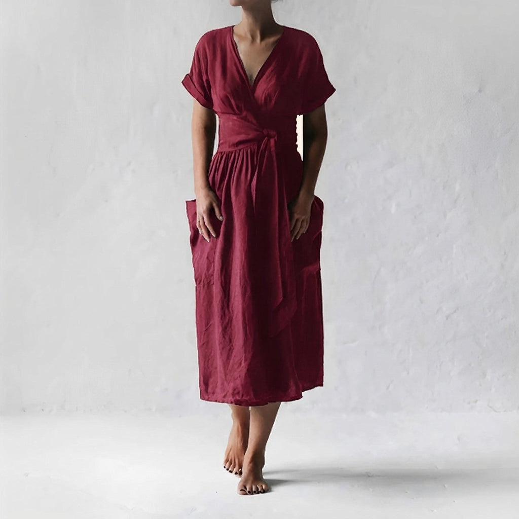 Relaxed Fit Linen Blend Wrap Midi Dress with Pockets