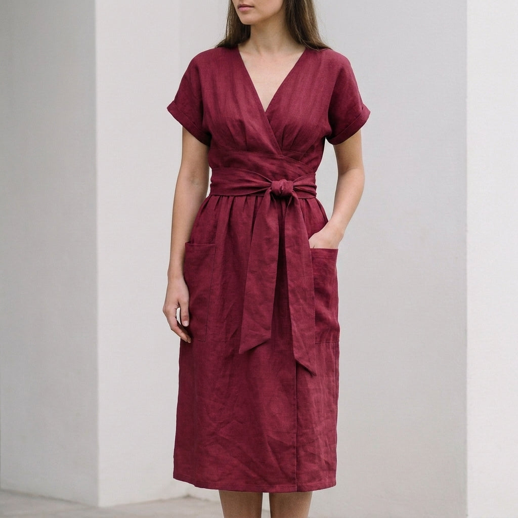 Relaxed Wrap-Front Midi Dress with Tie Waist and Patch Pockets