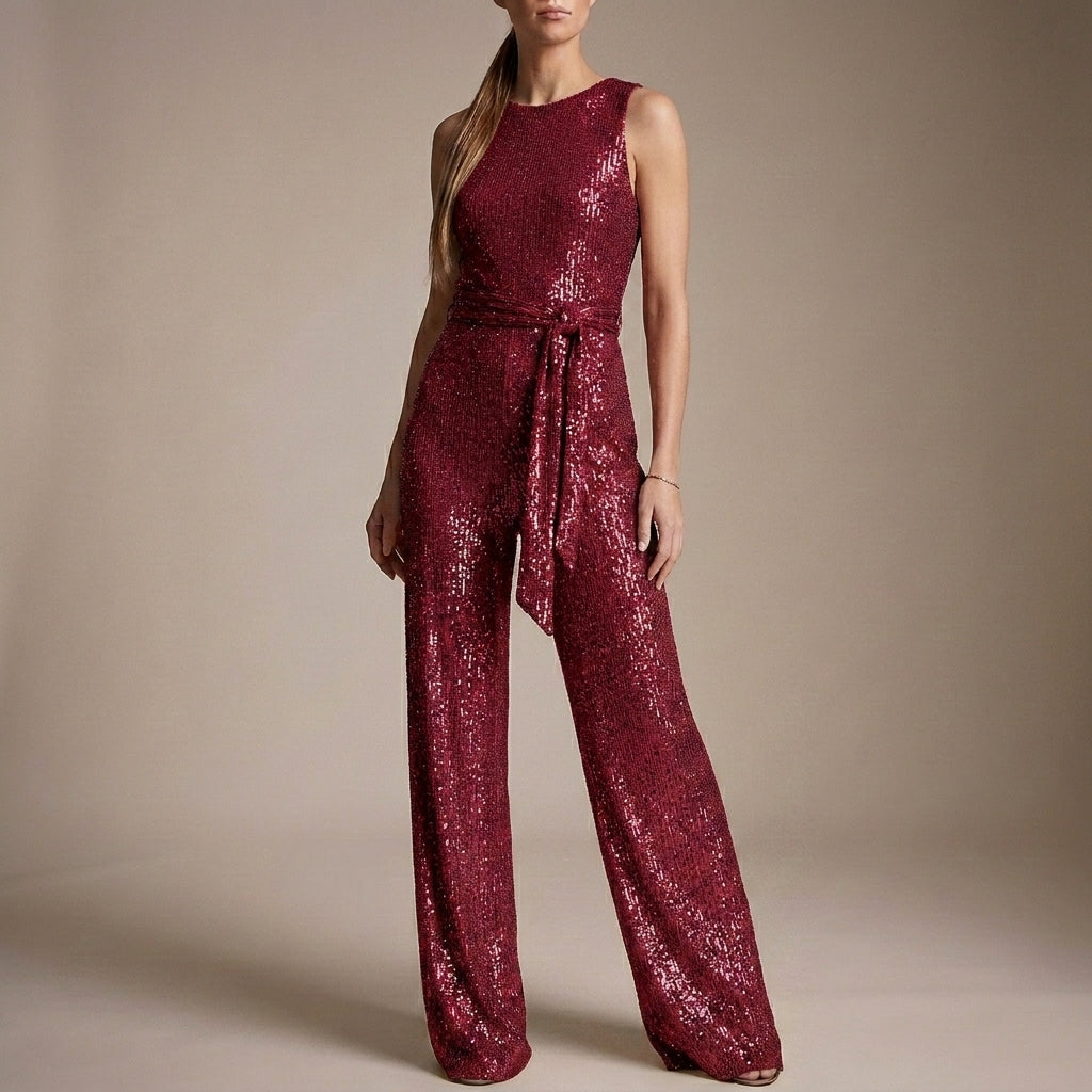 Glitter-Textured Wide-Leg Jumpsuit with Self-Tie Waist for Evening Elegance