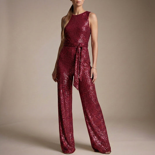 Glitter-Textured Wide-Leg Jumpsuit with Self-Tie Waist for Evening Elegance