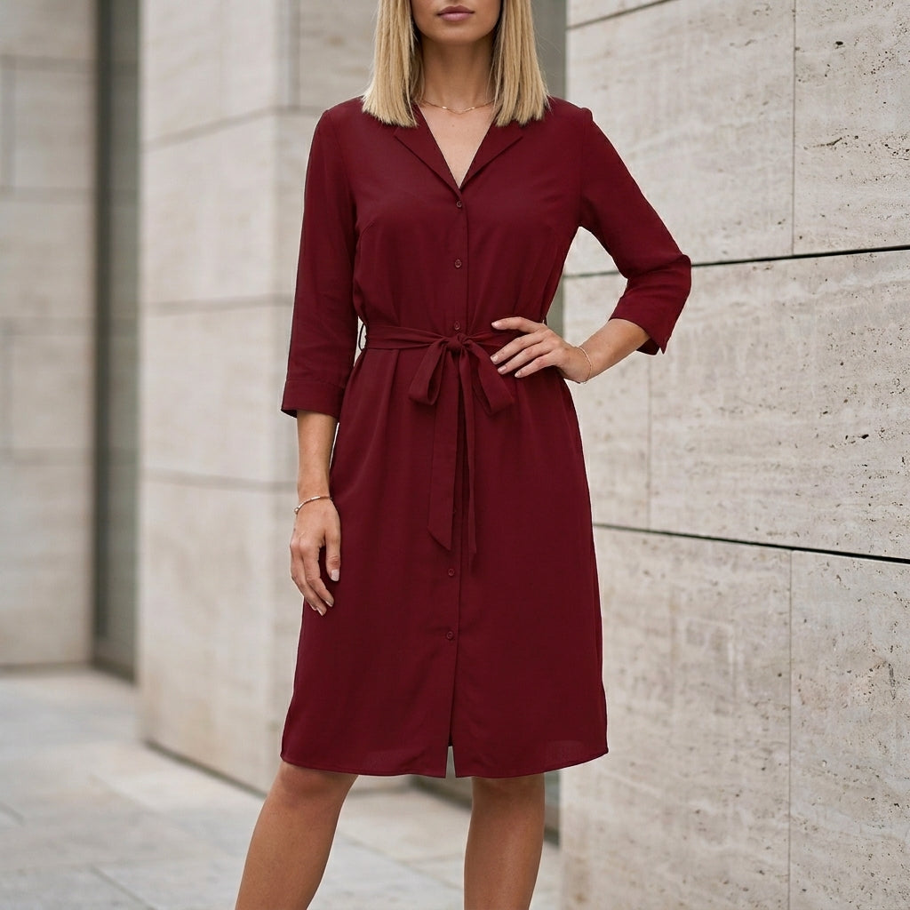 Tailored Knee-Length Shirt Dress with Waist Tie and Side Pockets