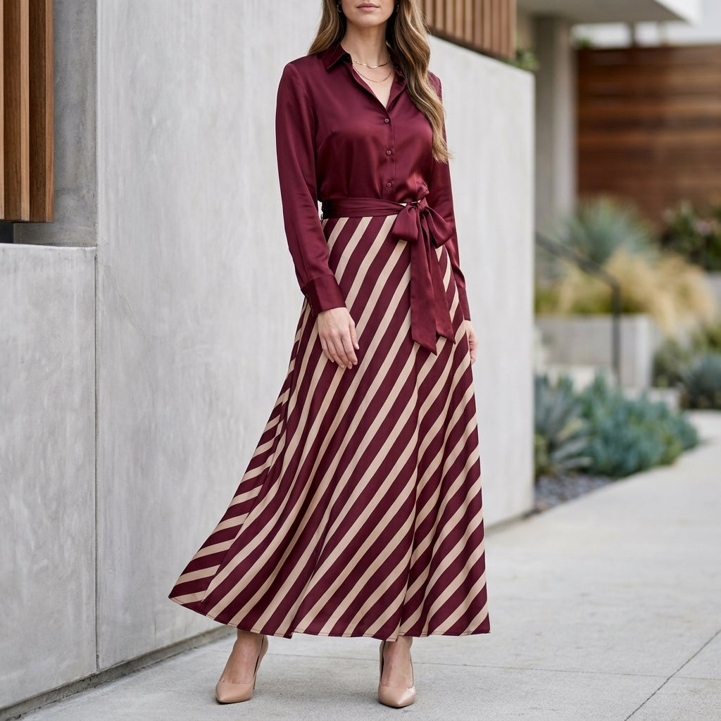 Elegant Shirt-Style Maxi Dress with Pleated Skirt and Waist Tie
