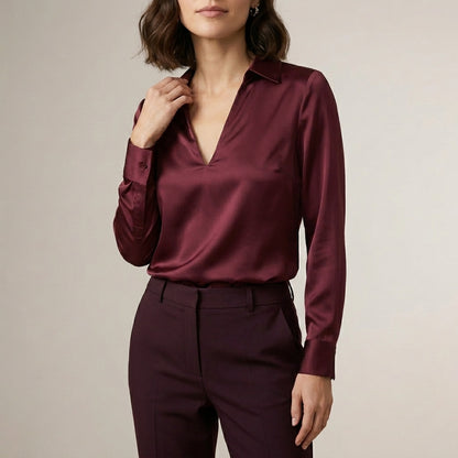 Tailored V-Neck Blouse with Spread Collar and Lustrous Finish