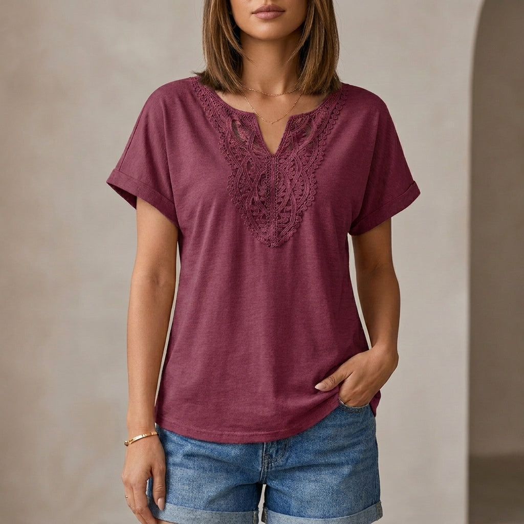 Relaxed V-Neck Lace-Embroidered Short Sleeve Knit Top