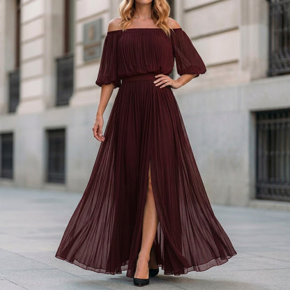 Ethereal Off-Shoulder Pleated Maxi Dress