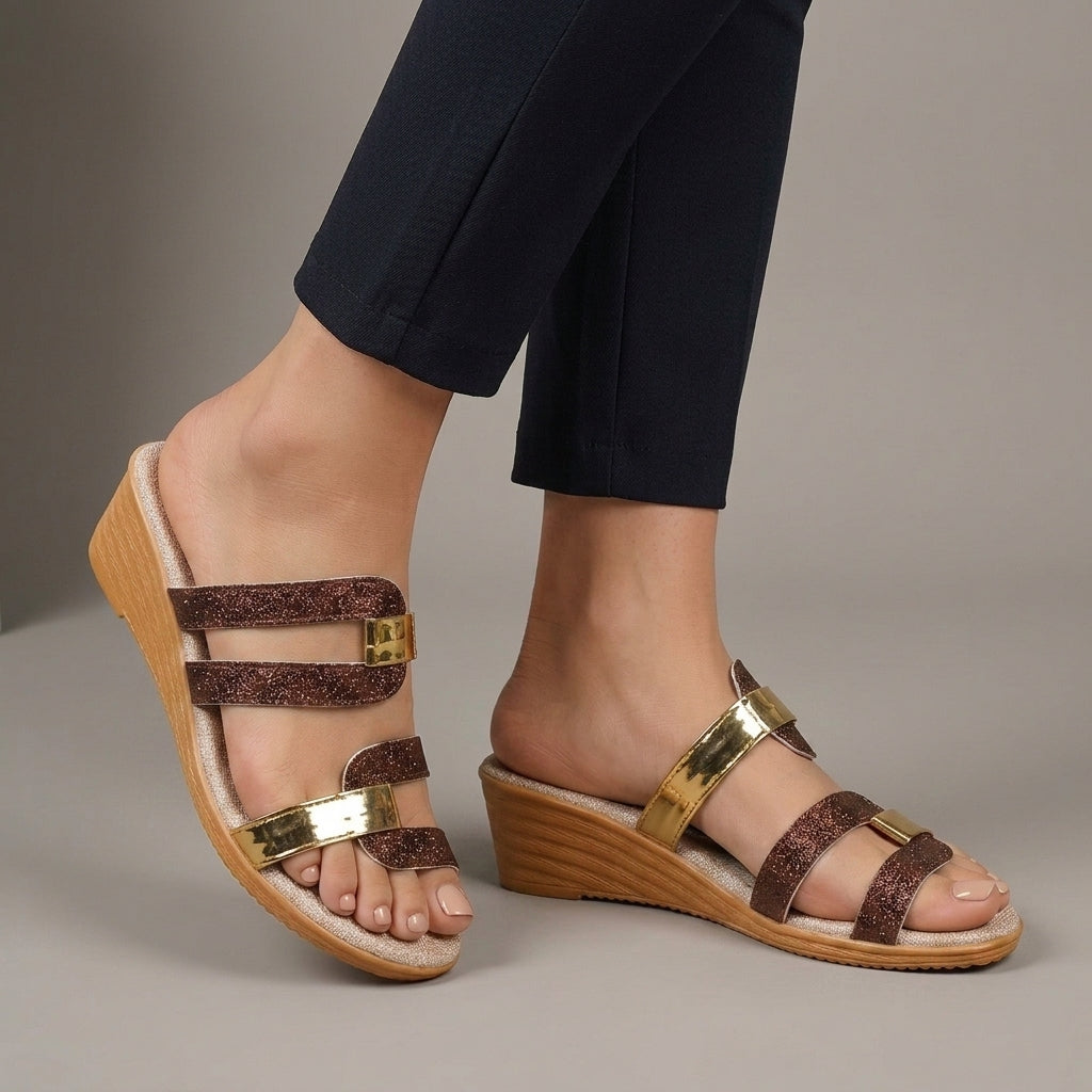 Shimmer Strap Wedge Sandals with Metallic Accent Details