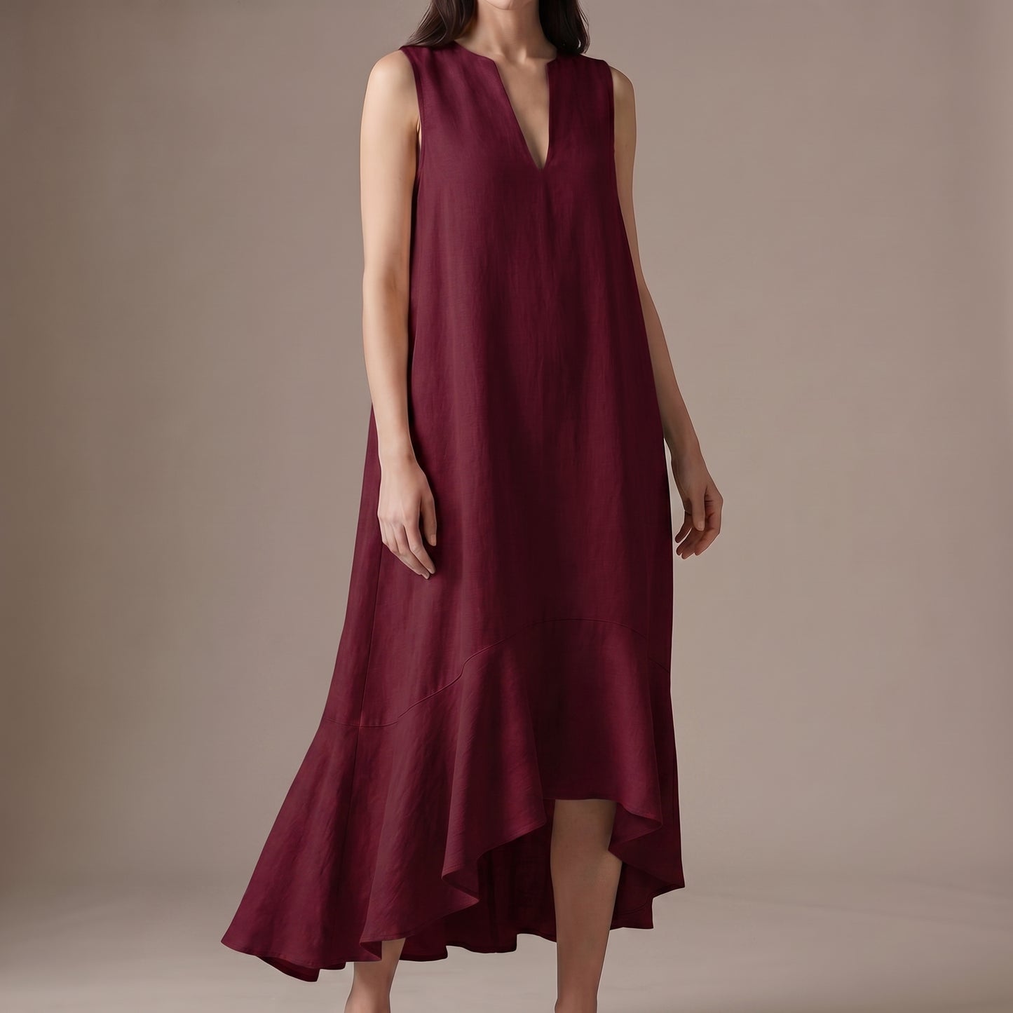 Flowing Sleeveless Maxi Dress with Draped Notched V-Neck and Asymmetric Ruffled Hem