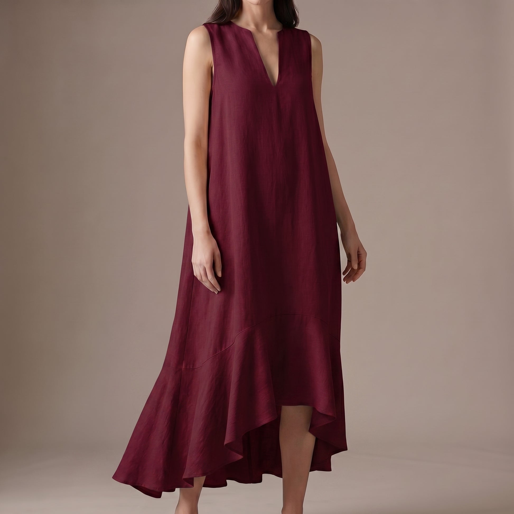 Flowing Sleeveless Maxi Dress with Draped Notched V-Neck and Asymmetric Ruffled Hem