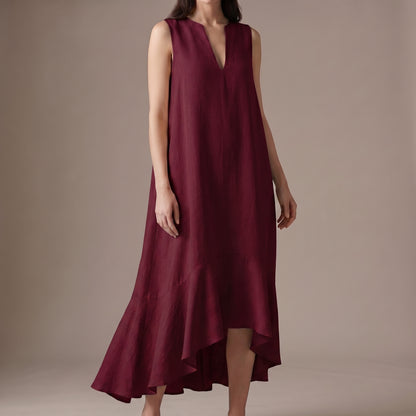 Flowing Sleeveless Maxi Dress with Draped Notched V-Neck and Asymmetric Ruffled Hem
