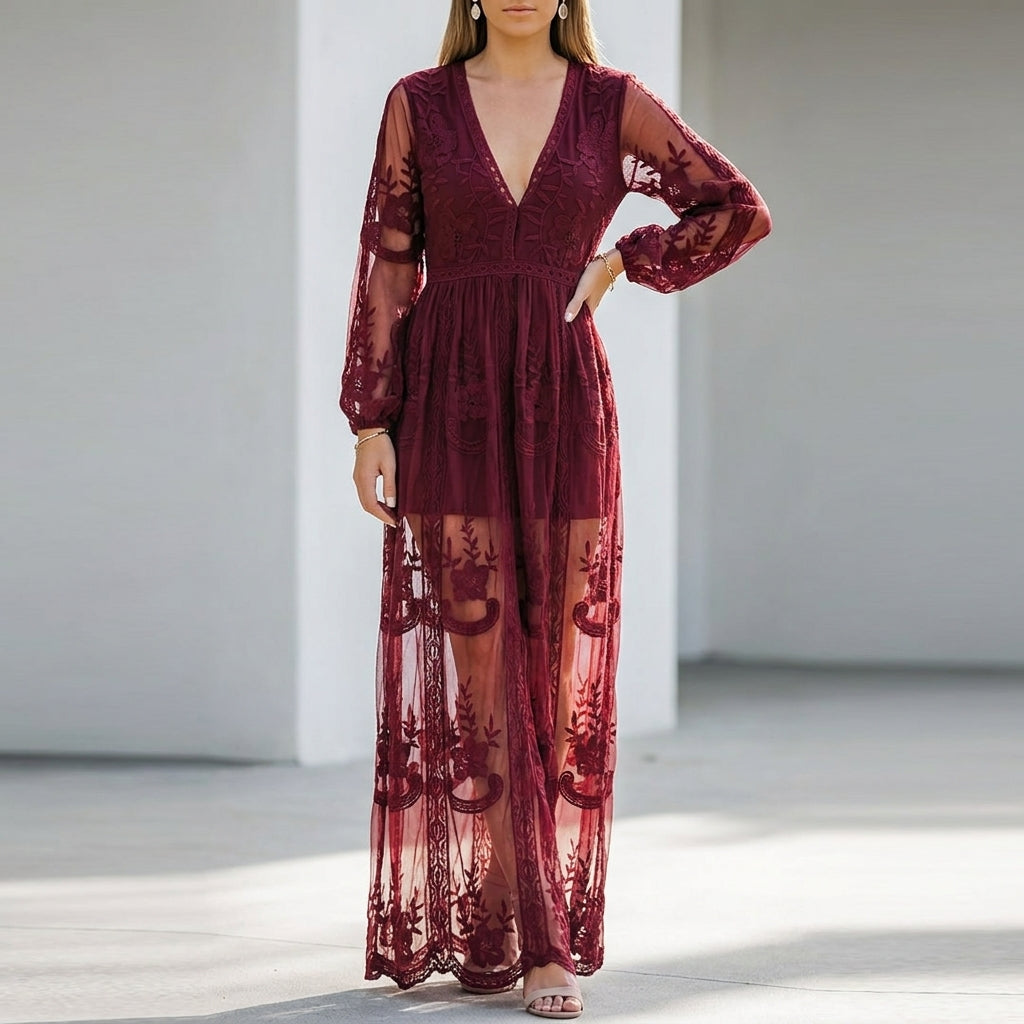 Flowing Boho Lace Maxi Dress with Sheer Balloon Sleeves