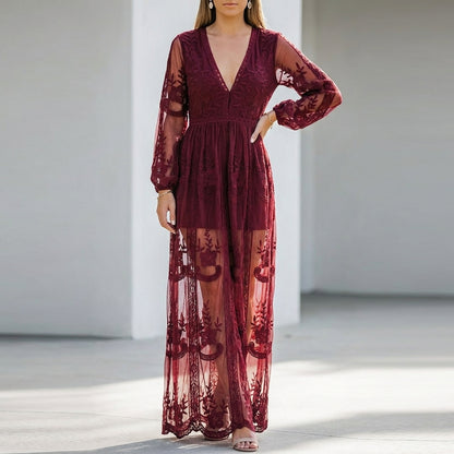 Flowing Boho Lace Maxi Dress with Sheer Balloon Sleeves