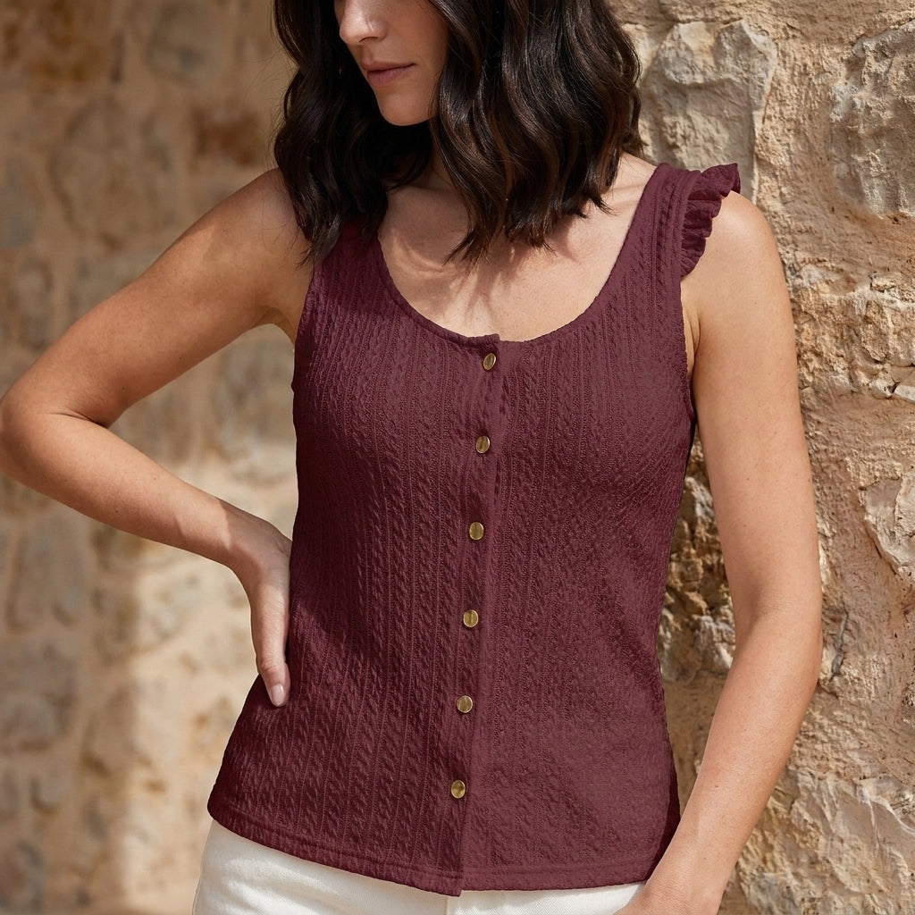 Ruffle Strap Button Front Sleeveless Tank Top