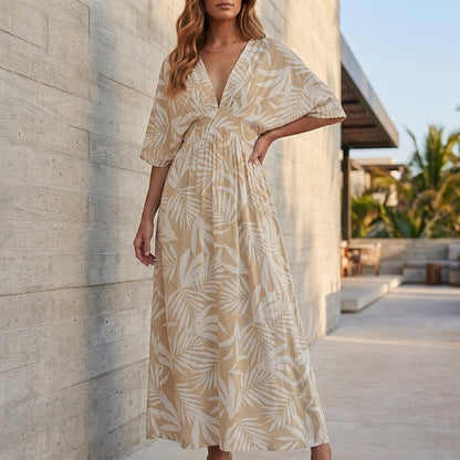 Flowing Printed V-Neck Maxi Dress with Flutter Sleeves and Slit