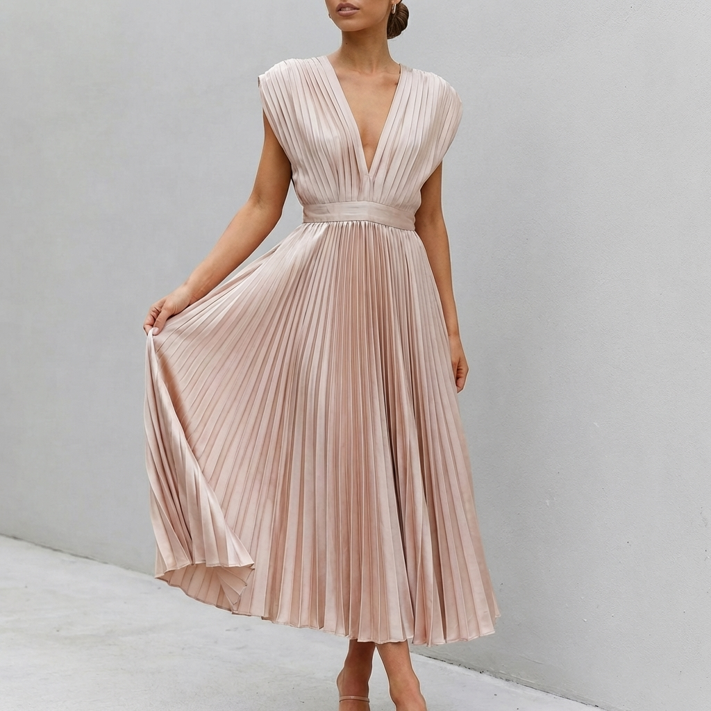 Alaina Midi Dress with Draped Bodice and Defined Waist