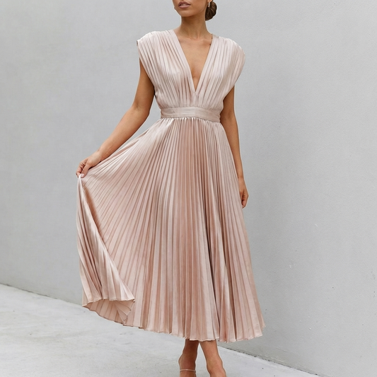 Alaina Midi Dress with Draped Bodice and Defined Waist