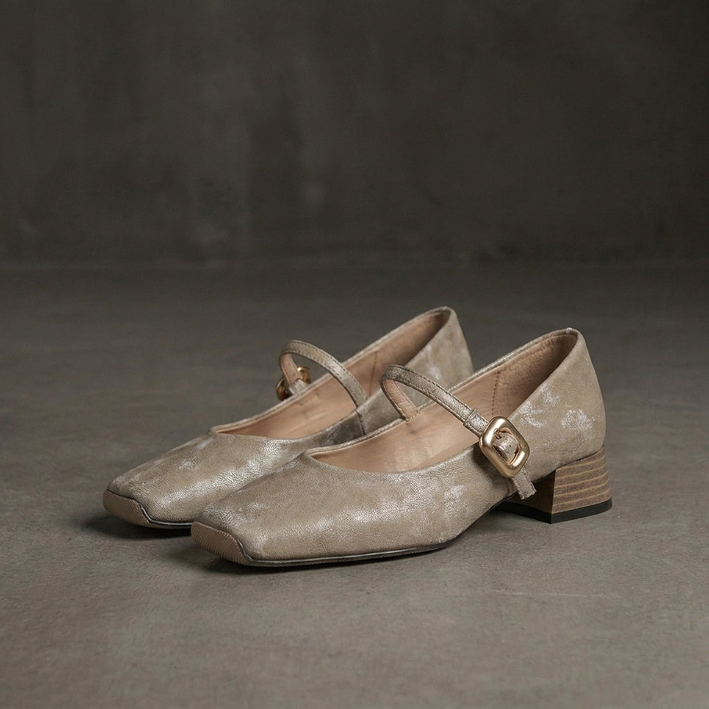 Vintage Inspired Mary Jane Heels with Soft Metallic Finish and Buckle