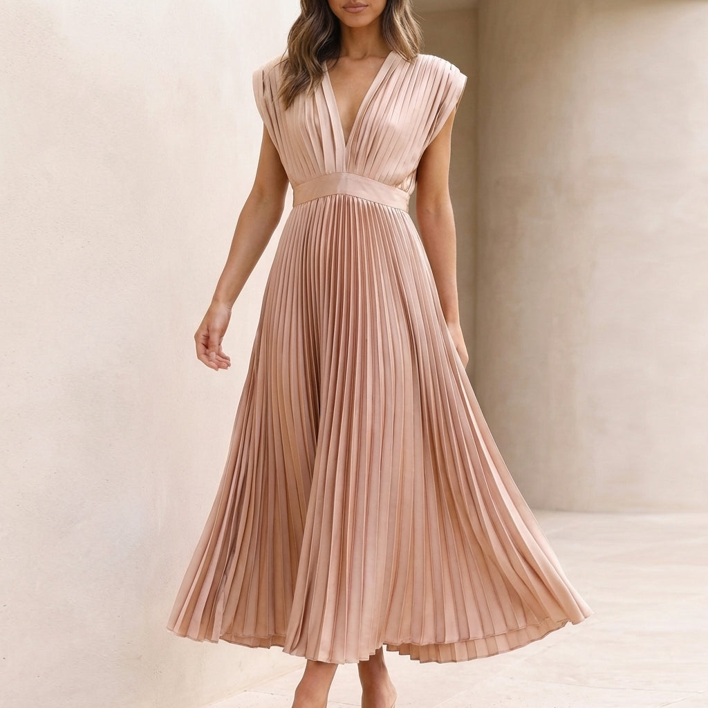 Flowing Pleated Maxi Dress with Defined Waist and V-Neck