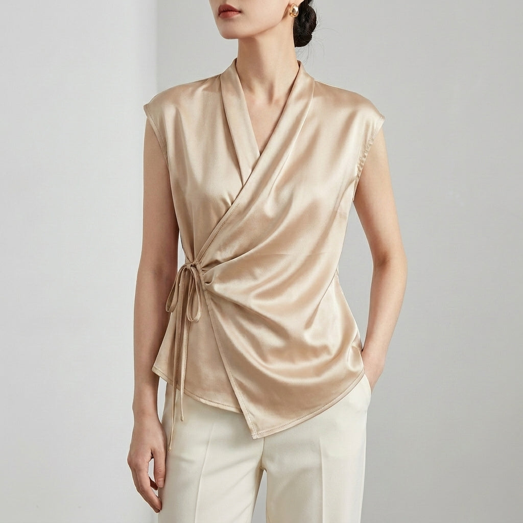 Tailored Sleeveless Wrap Blouse with Pleated Draping and Side Tie Closure