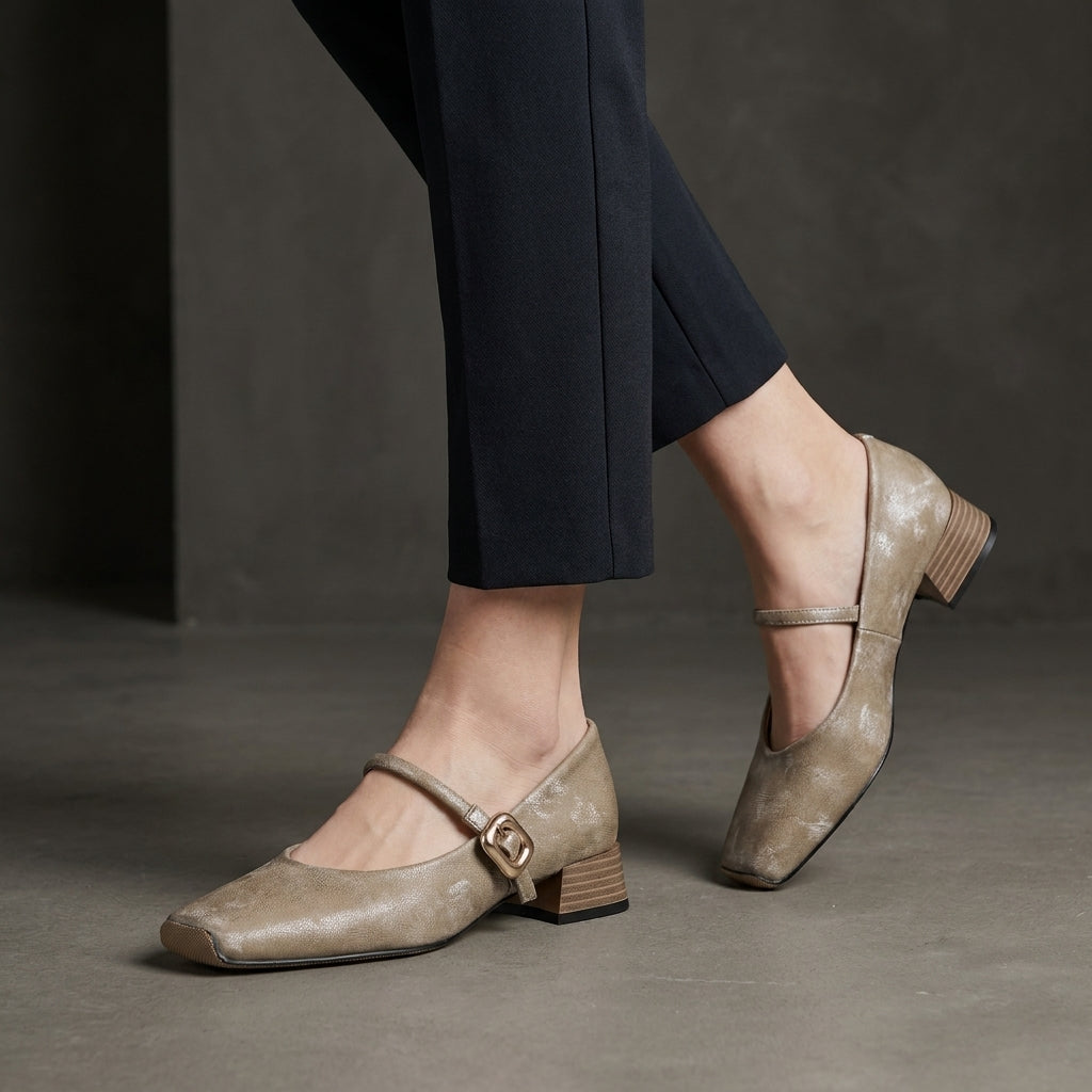 Vintage Inspired Mary Jane Heels with Soft Metallic Finish and Buckle