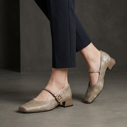 Vintage Inspired Mary Jane Heels with Soft Metallic Finish and Buckle