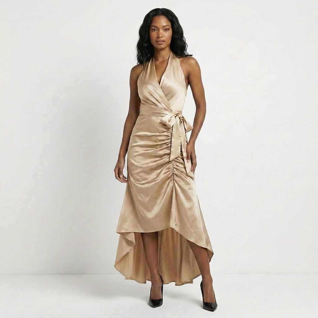 Satin Halter Neck Wrap Maxi Dress with Bow Tie Waist and Ruffled Hem