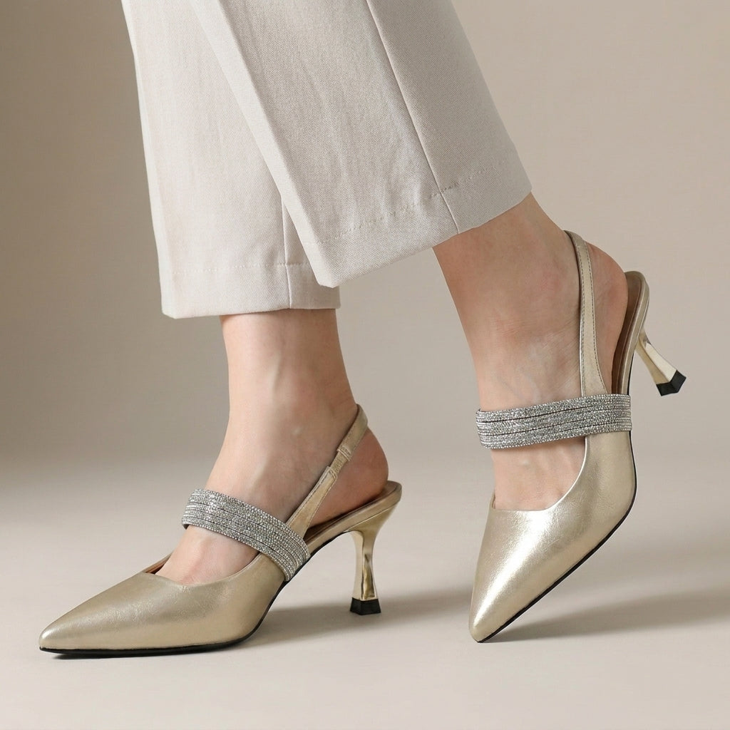 Crystal Strap Pointed Slingback Heels for Evening Elegance