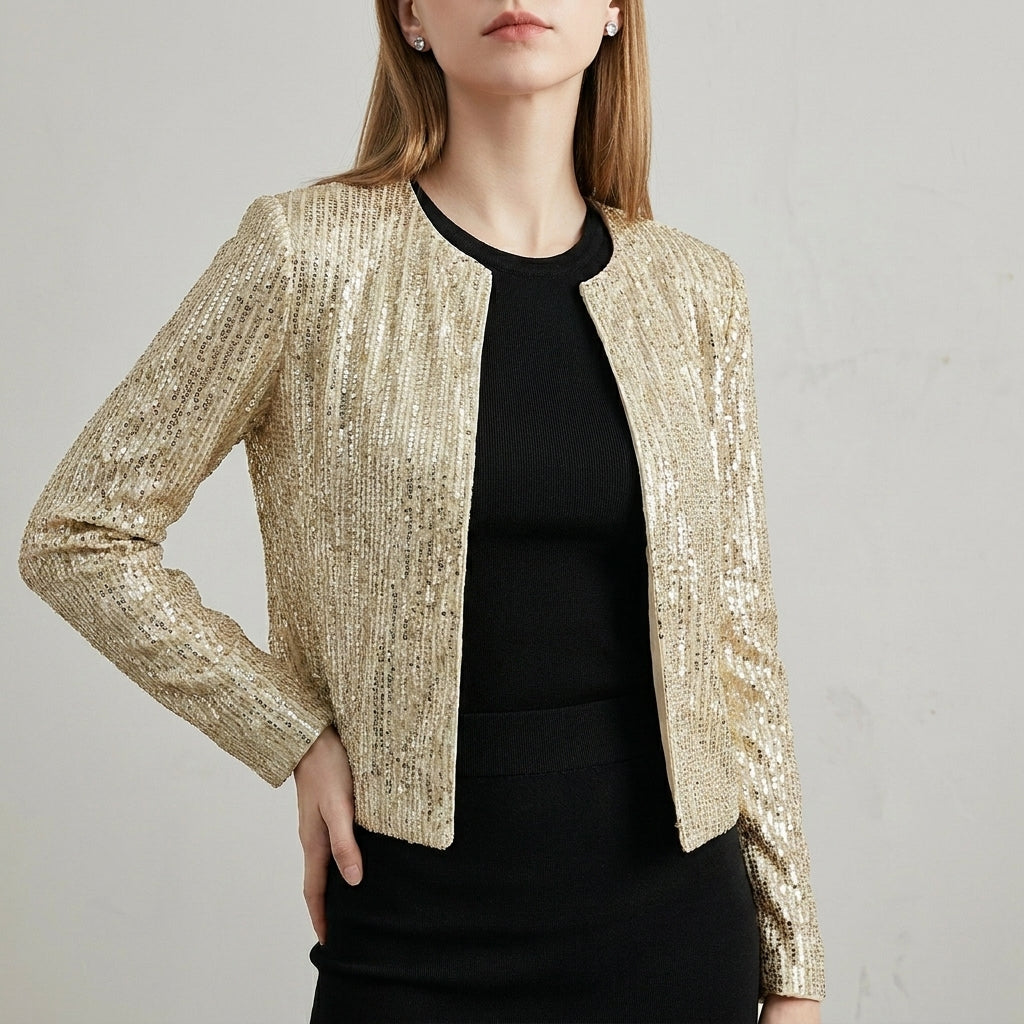 Tailored Cropped Sequined Cardigan Jacket with Structured Silhouette