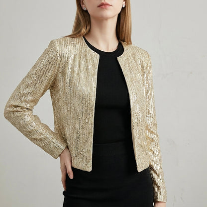 Tailored Cropped Sequined Cardigan Jacket with Structured Silhouette