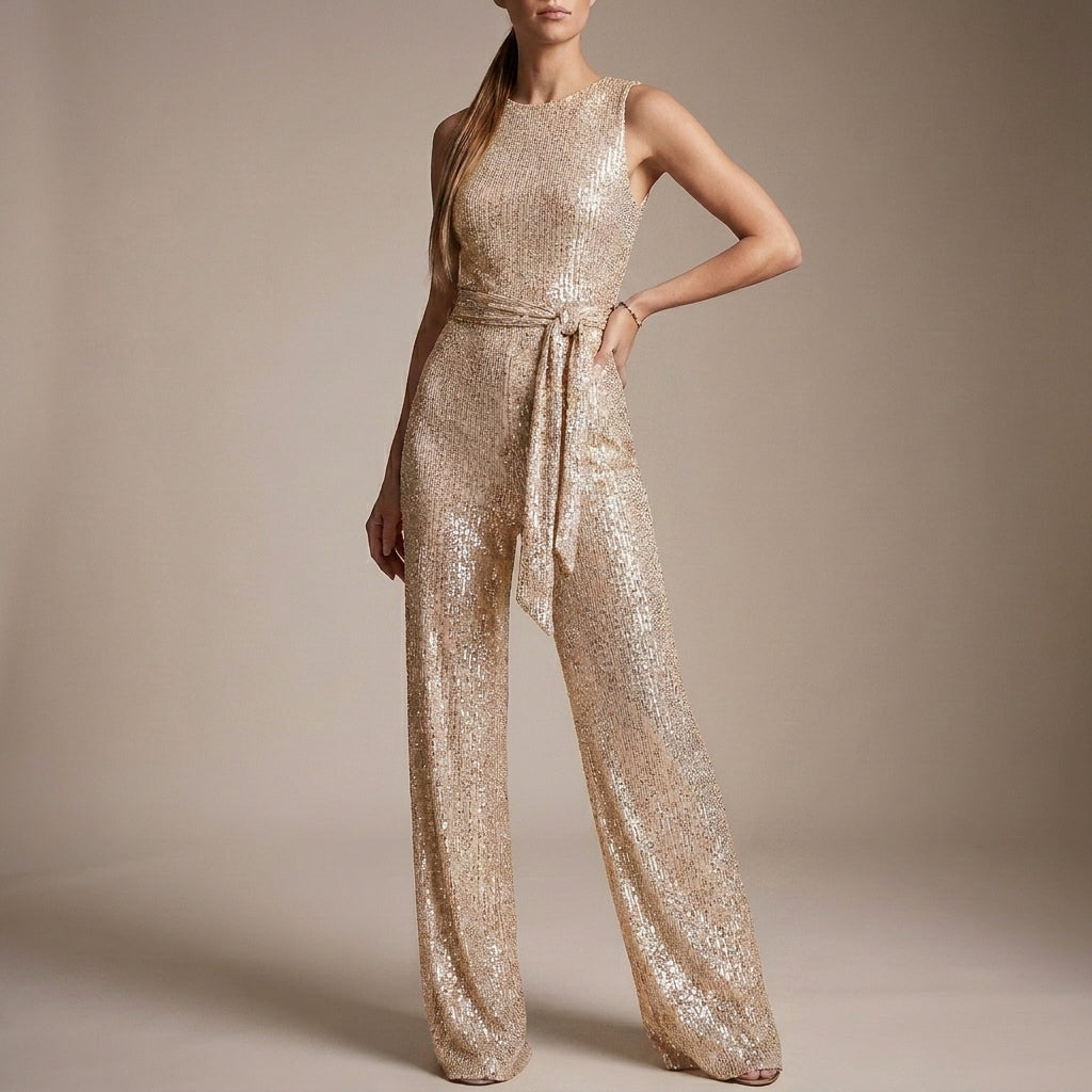 Glitter-Textured Wide-Leg Jumpsuit with Self-Tie Waist for Evening Elegance