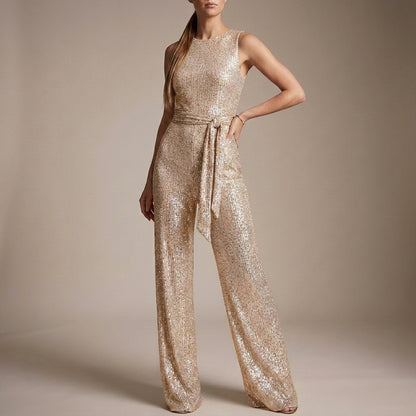 Glitter-Textured Wide-Leg Jumpsuit with Self-Tie Waist for Evening Elegance