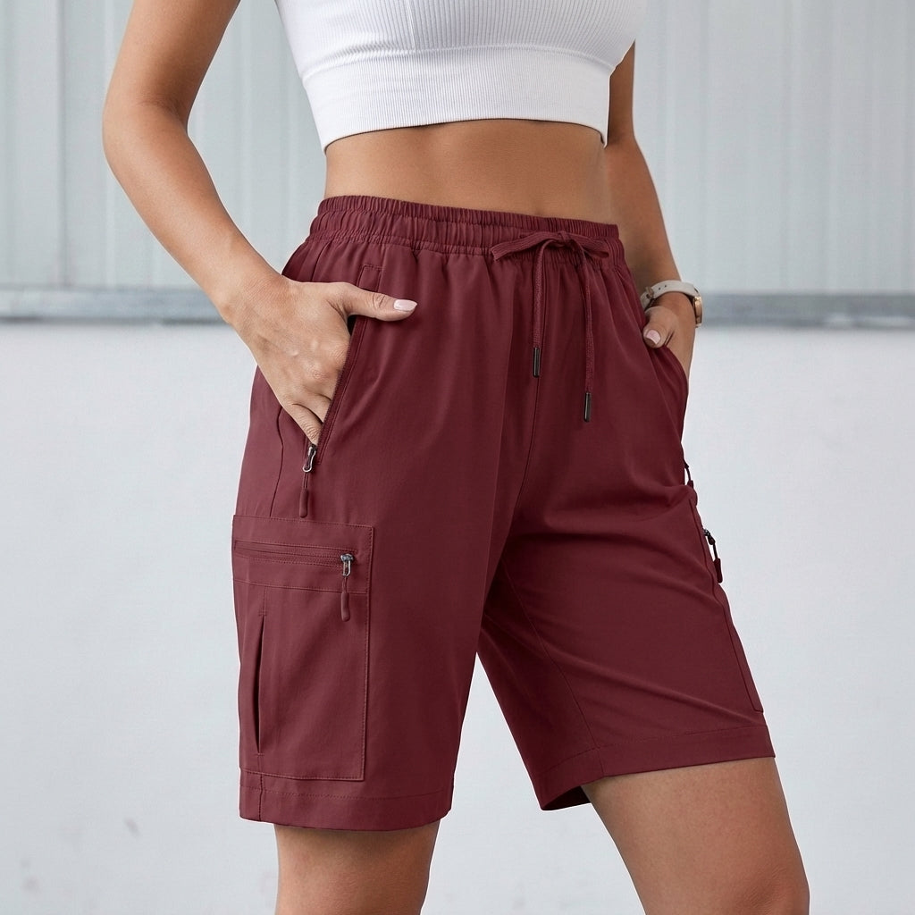 High-Waisted Structured Cargo Shorts with Adjustable Drawstring Waist and Zip Pockets