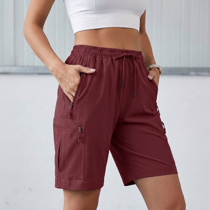 High-Waisted Structured Cargo Shorts with Adjustable Drawstring Waist and Zip Pockets