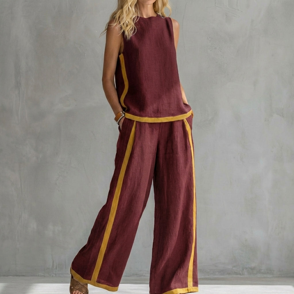 Contemporary Sleeveless Two-Piece Set with Wide-Leg Trousers and Contrast Trim