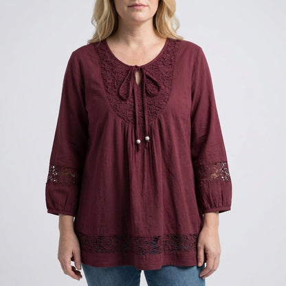 Loose-Fit Lace Patchwork Top with Tie-Neck and Beaded Accents