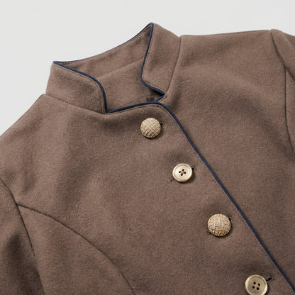 Tailored Wool Blazer with Stand Collar and Contrast Piping Detailing