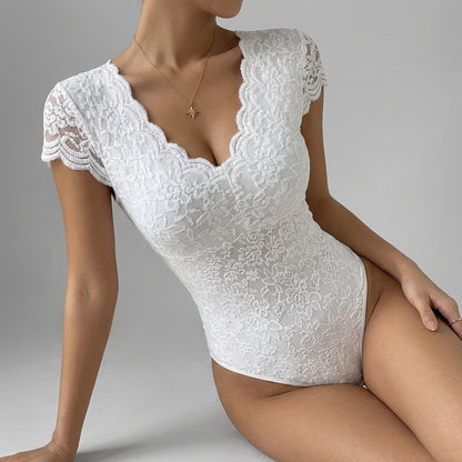 Romantic Lace V-Neck Bodysuit with Scalloped Trim