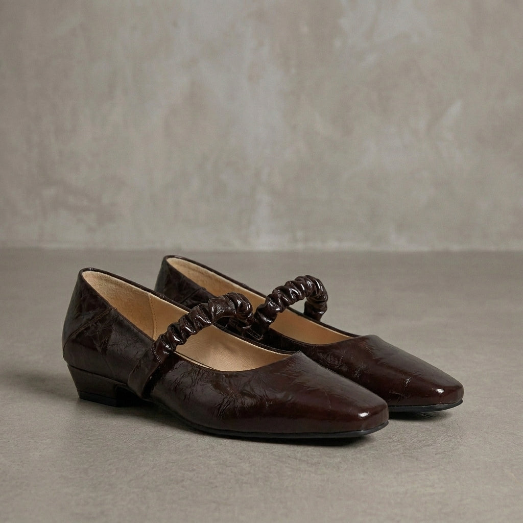 Elegant Square Toe Mary Jane Flats with Ruched Strap Detail