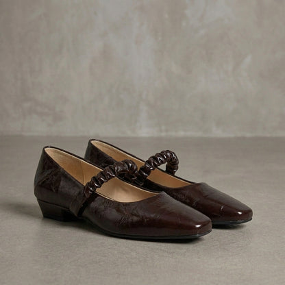 Elegant Square Toe Mary Jane Flats with Ruched Strap Detail