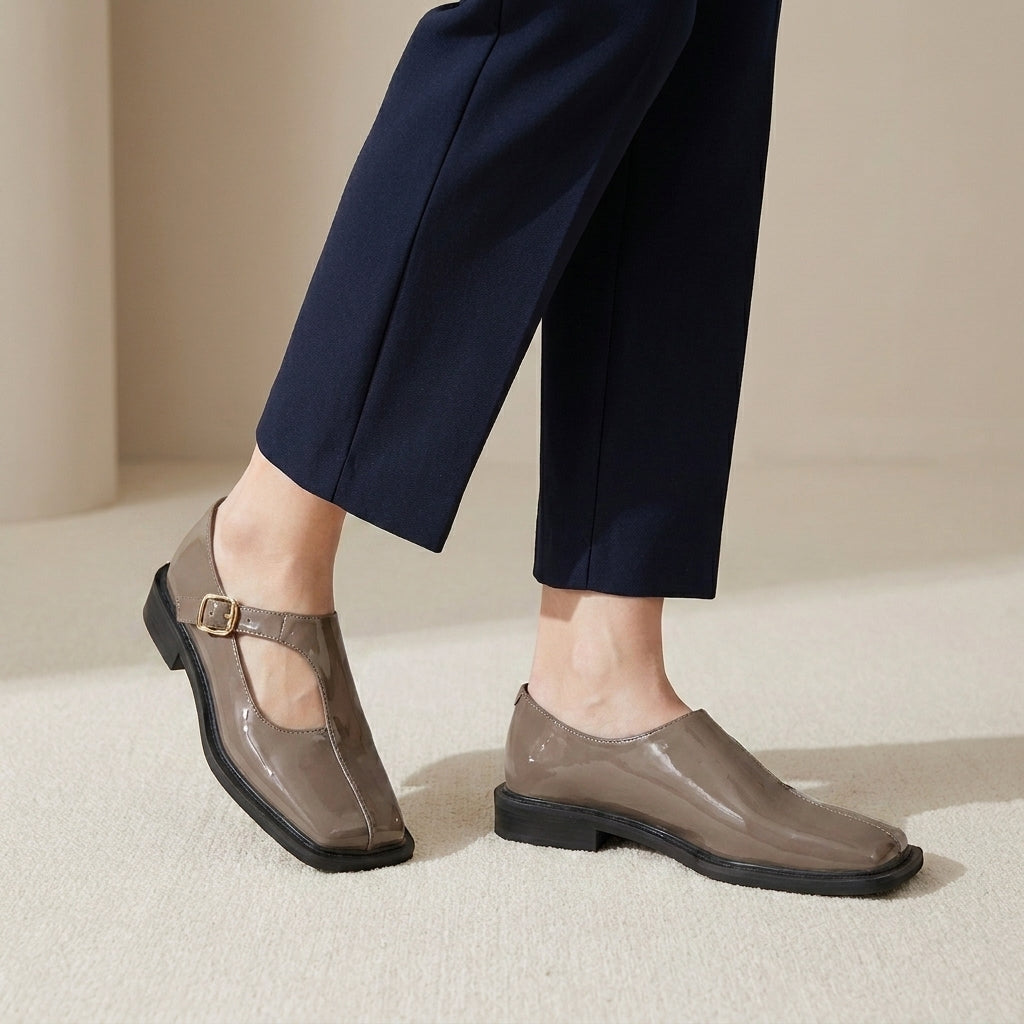 Square-Toe Flat Loafers with Hollow T-Strap and Buckle Closure