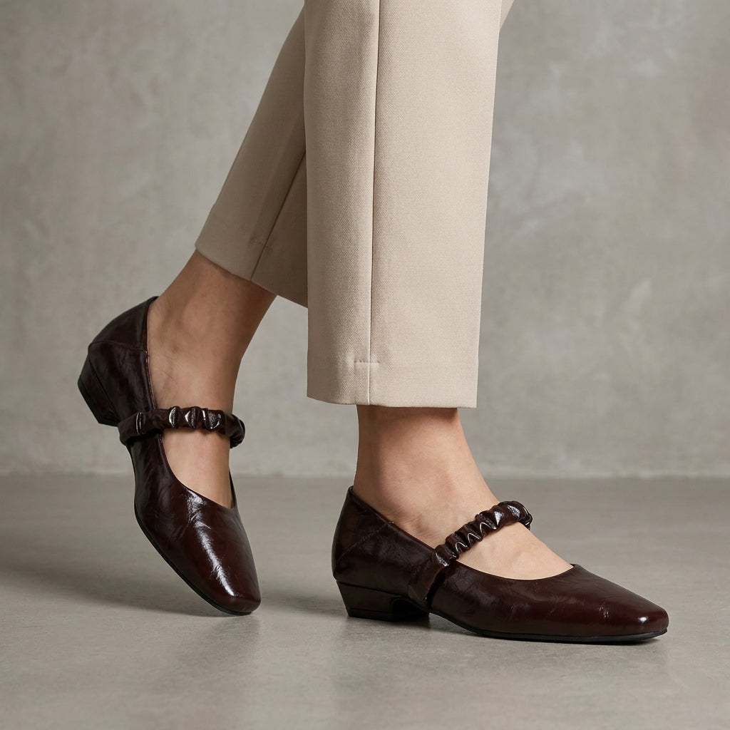 Elegant Square Toe Mary Jane Flats with Ruched Strap Detail