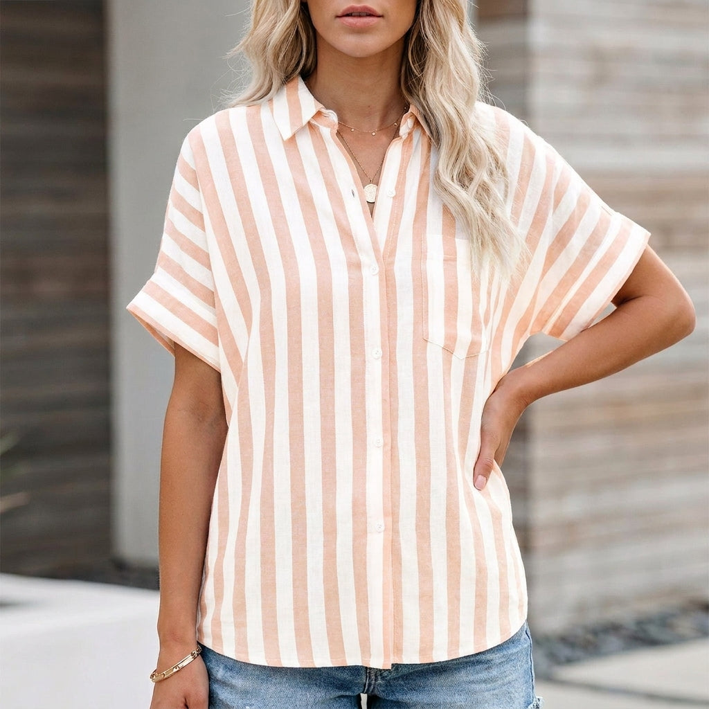 Relaxed Striped Button-Up Blouse with Effortless Coastal Summer Style