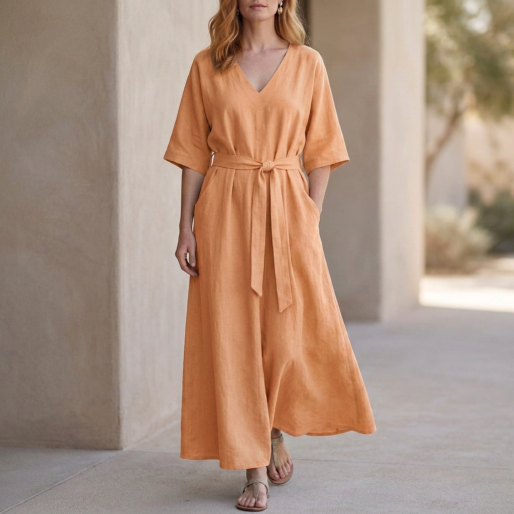 Graceful Belted Maxi Dress with Relaxed V-Neck Silhouette