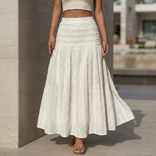 Textured A-Line Maxi Skirt with Smocked Waist and Ruffle Accents